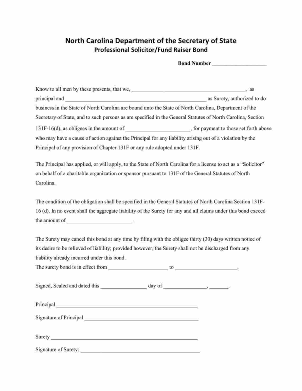 North Carolina Professional Solicitor / Fund Raiser Bond Form