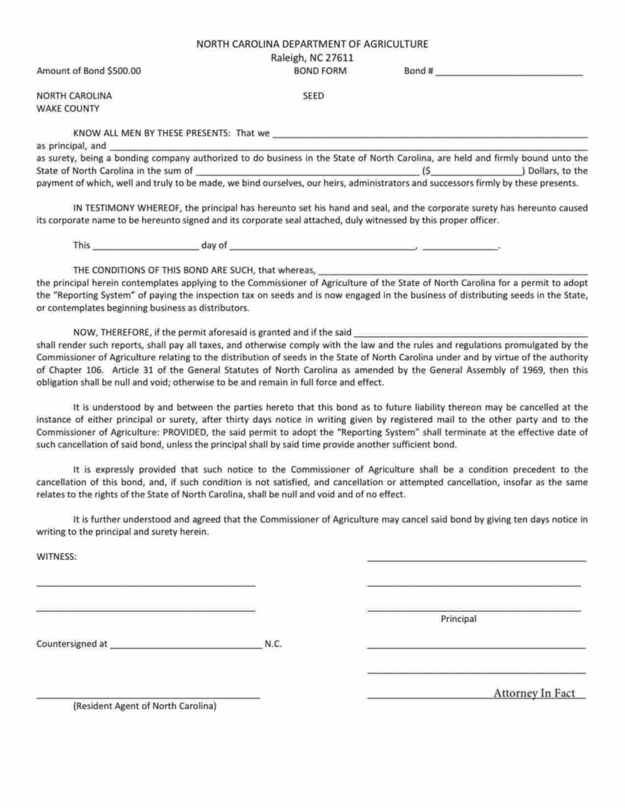 North Carolina Seed Distributor Bond Form