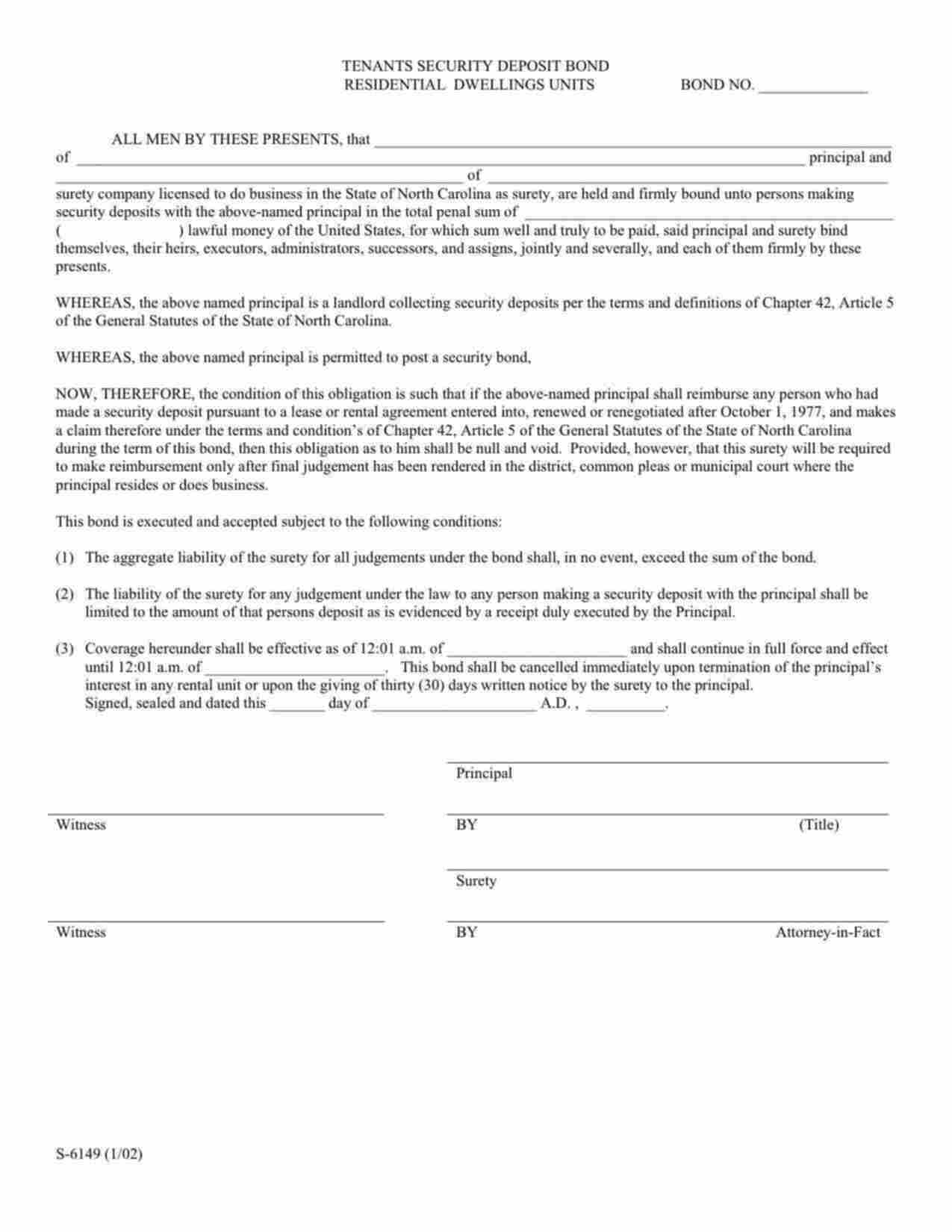 North Carolina Tenants Security Deposit Bond Form