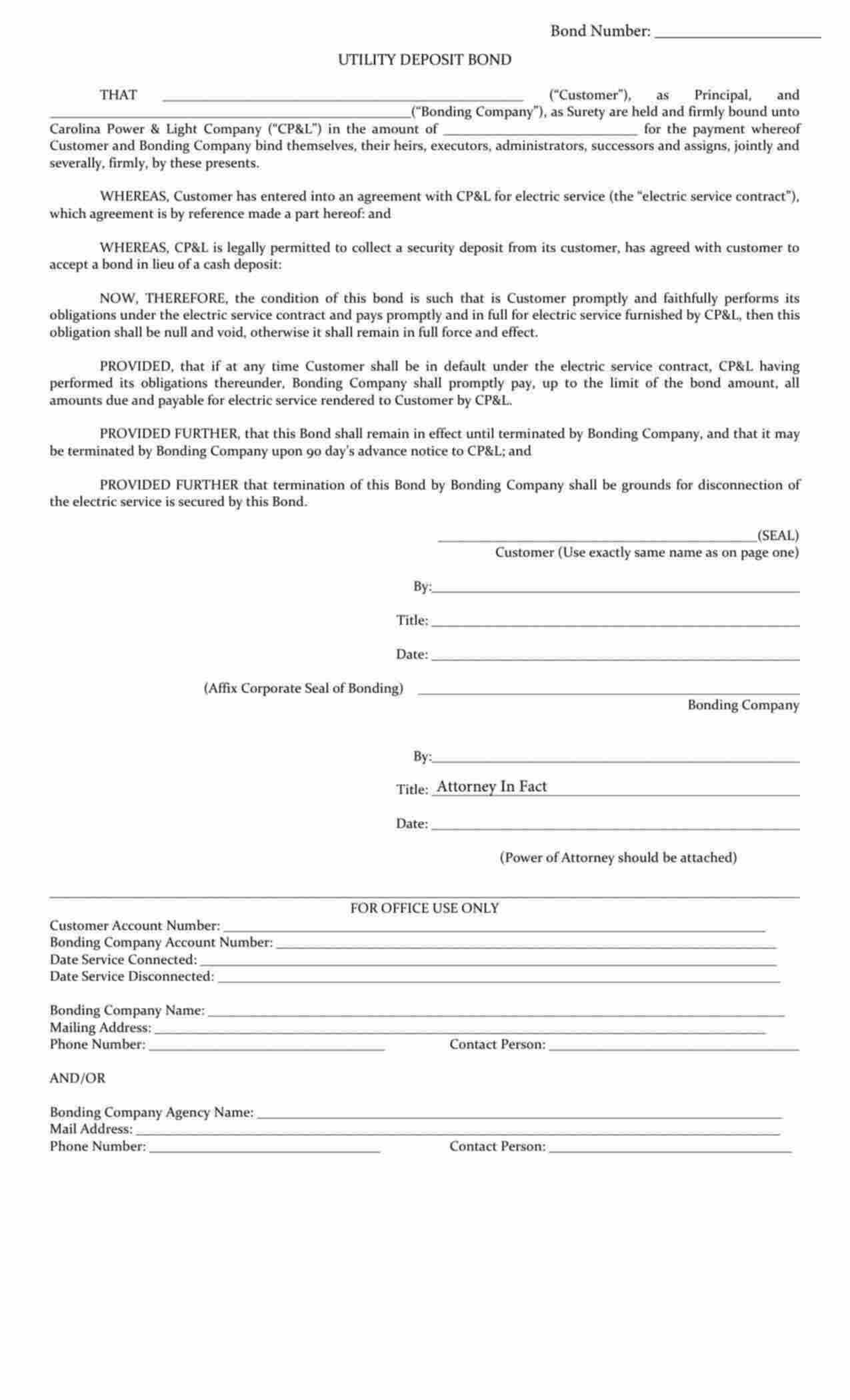 North Carolina Utility Deposit Bond Form