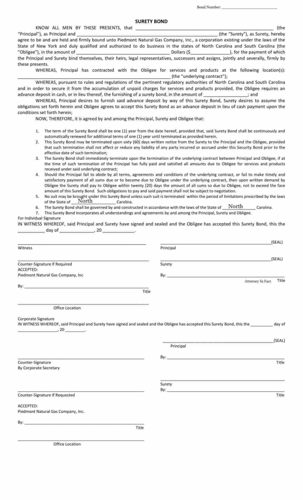 North Carolina Utility Deposit Bond Form