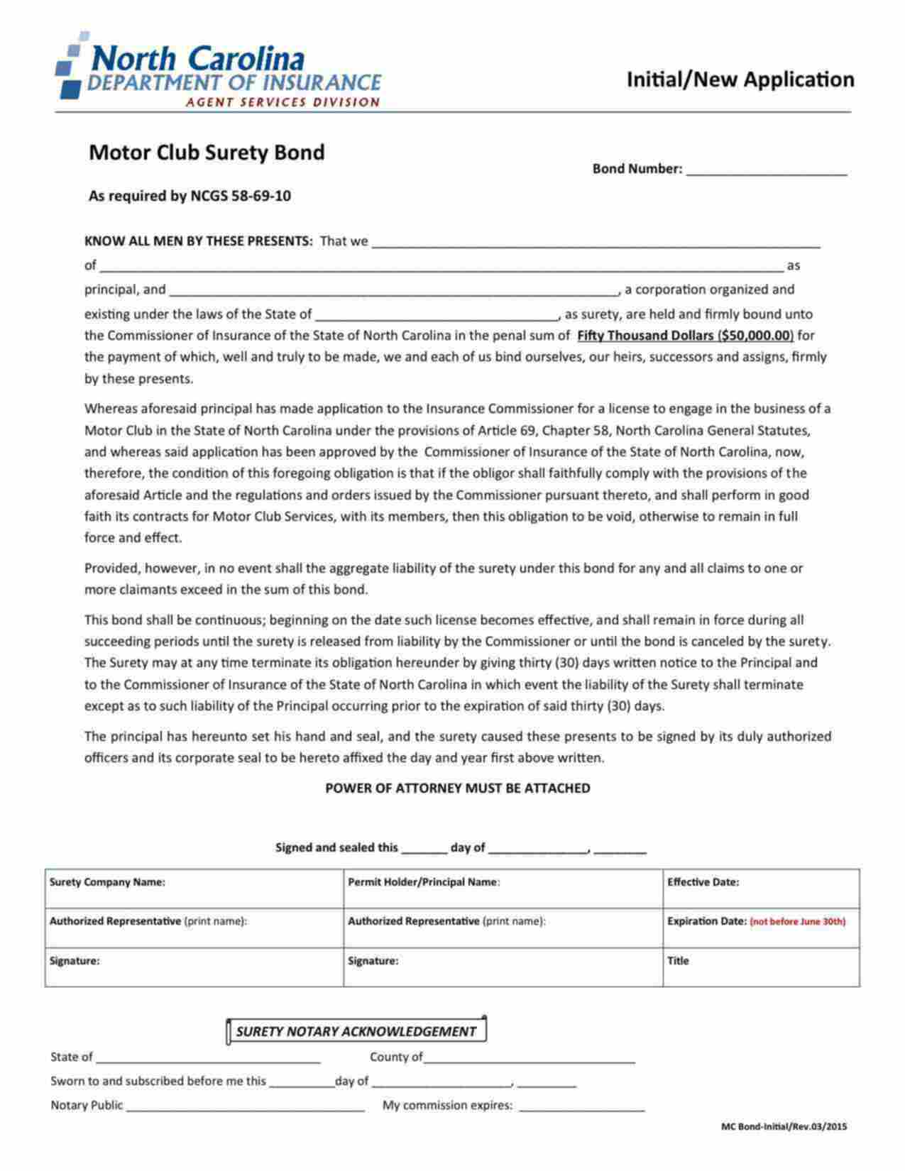 North Carolina Motor Club Bond Form