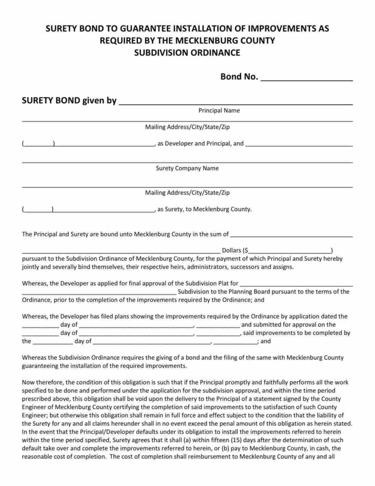 North Carolina Subdivision Guarantee Installation of Improvements Bond Form