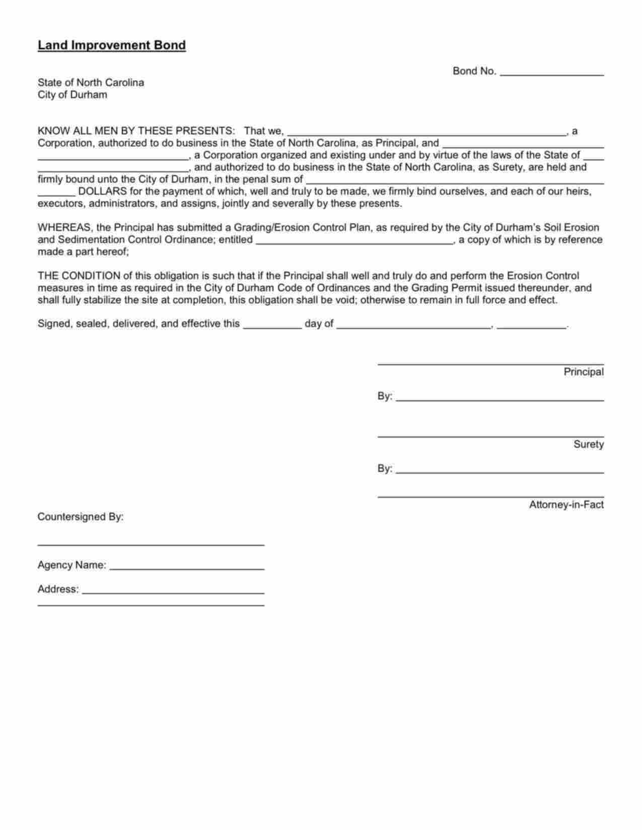 North Carolina Land Improvement Bond Form