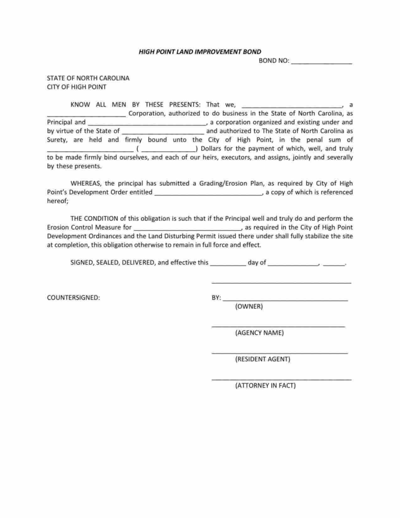 North Carolina Land Improvement Bond Form