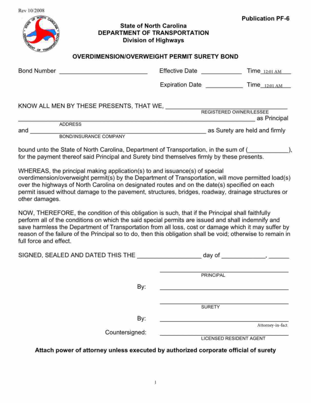 North Carolina Overdimension/Overweight Permit Bond Form