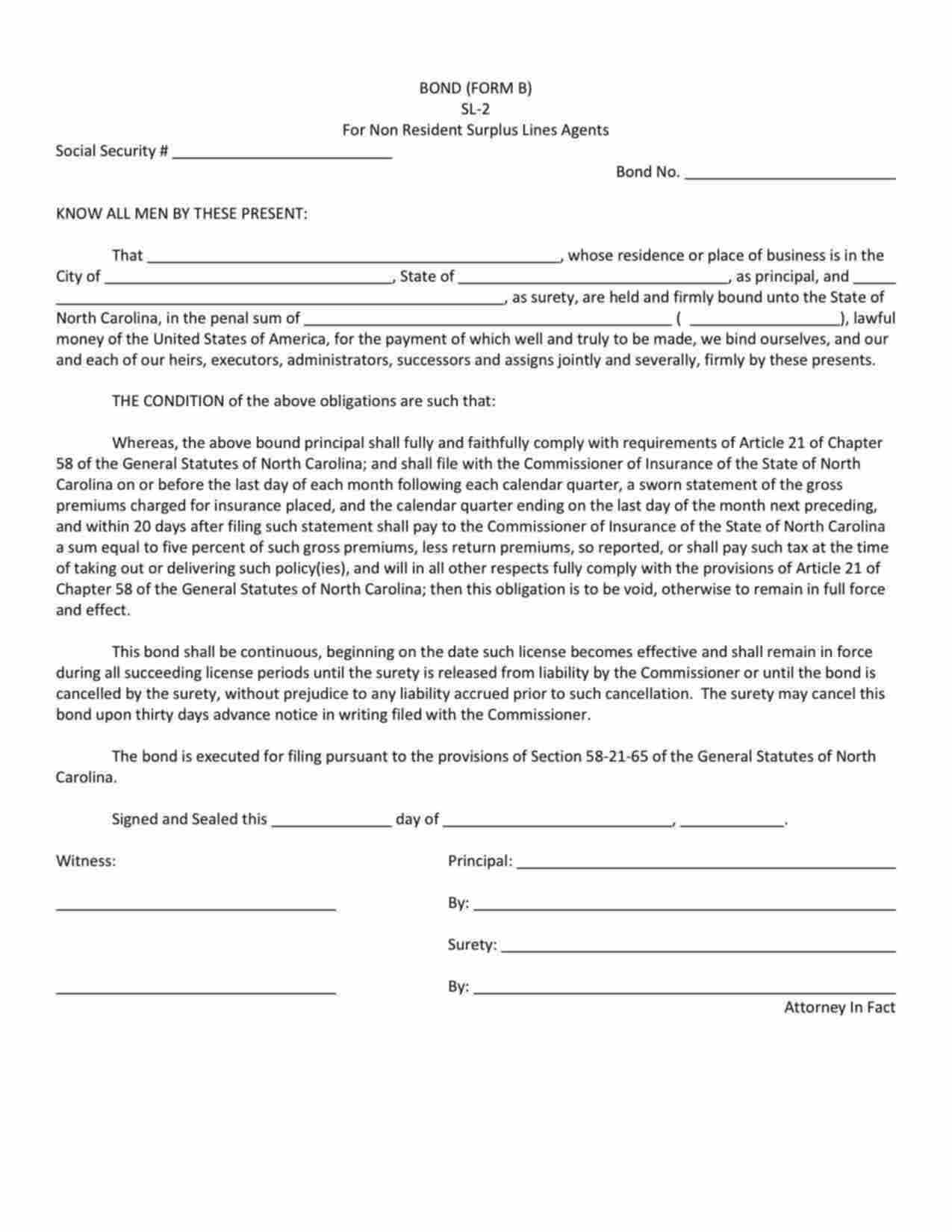 North Carolina Surplus Lines Agent: Non-Resident Bond Form