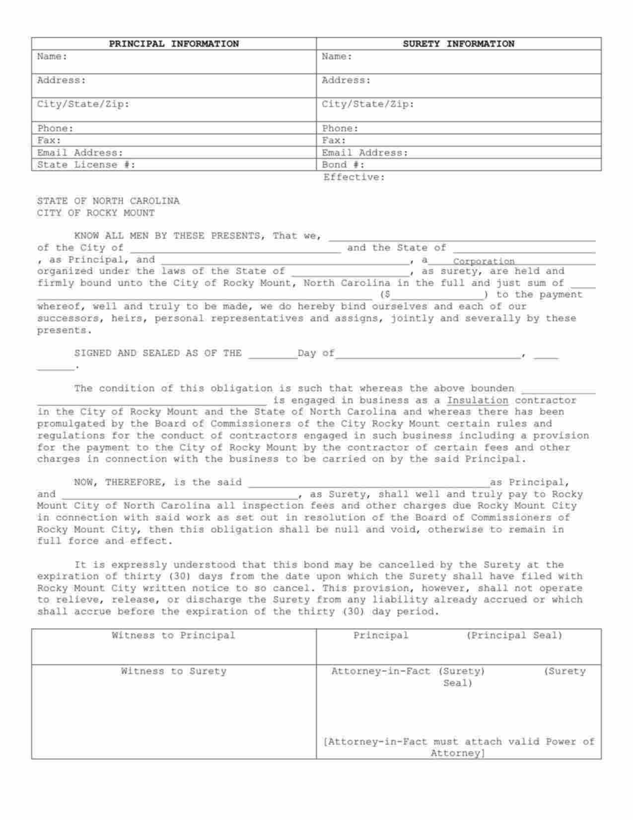 North Carolina Insulation Contractor Bond Form