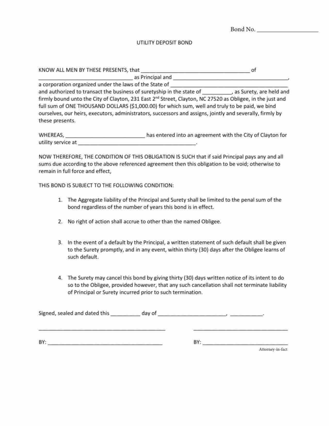 North Carolina Utility Deposit Bond Form