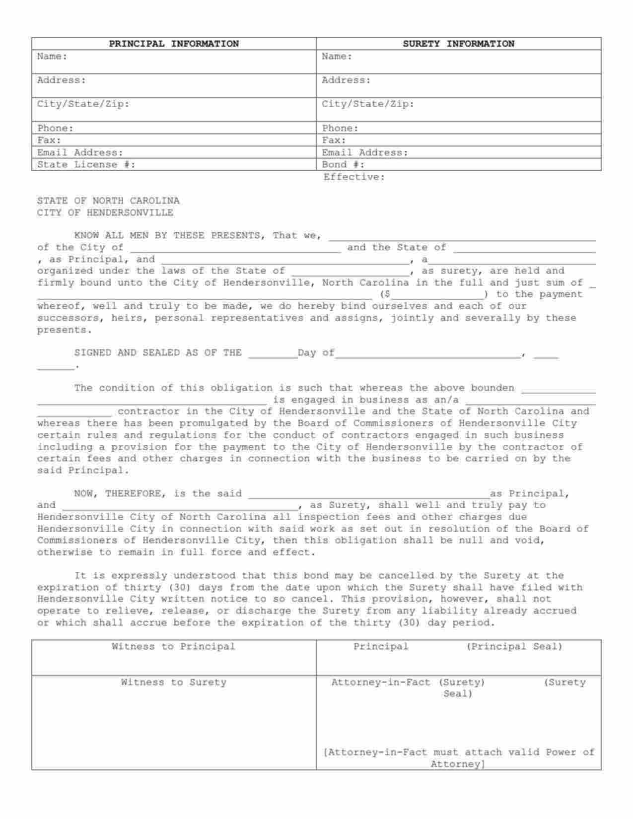 North Carolina Contractor's License/Permit Bond Form