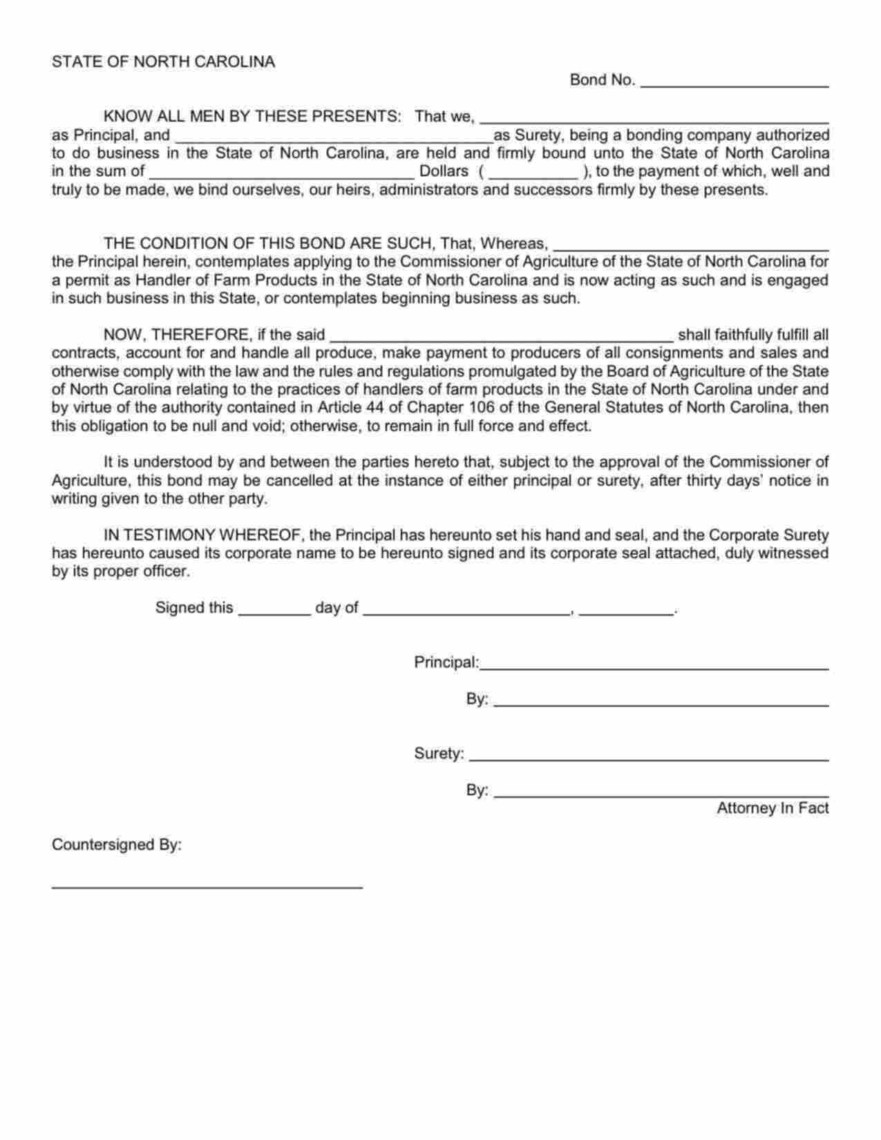 North Carolina Handler of Farm Products Bond Form