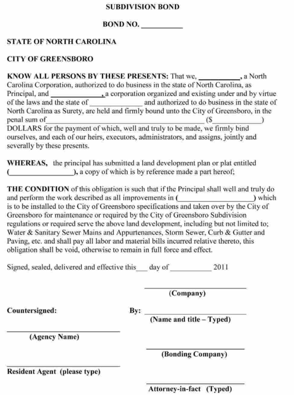 North Carolina Subdivision / Land Development Plan Bond Form