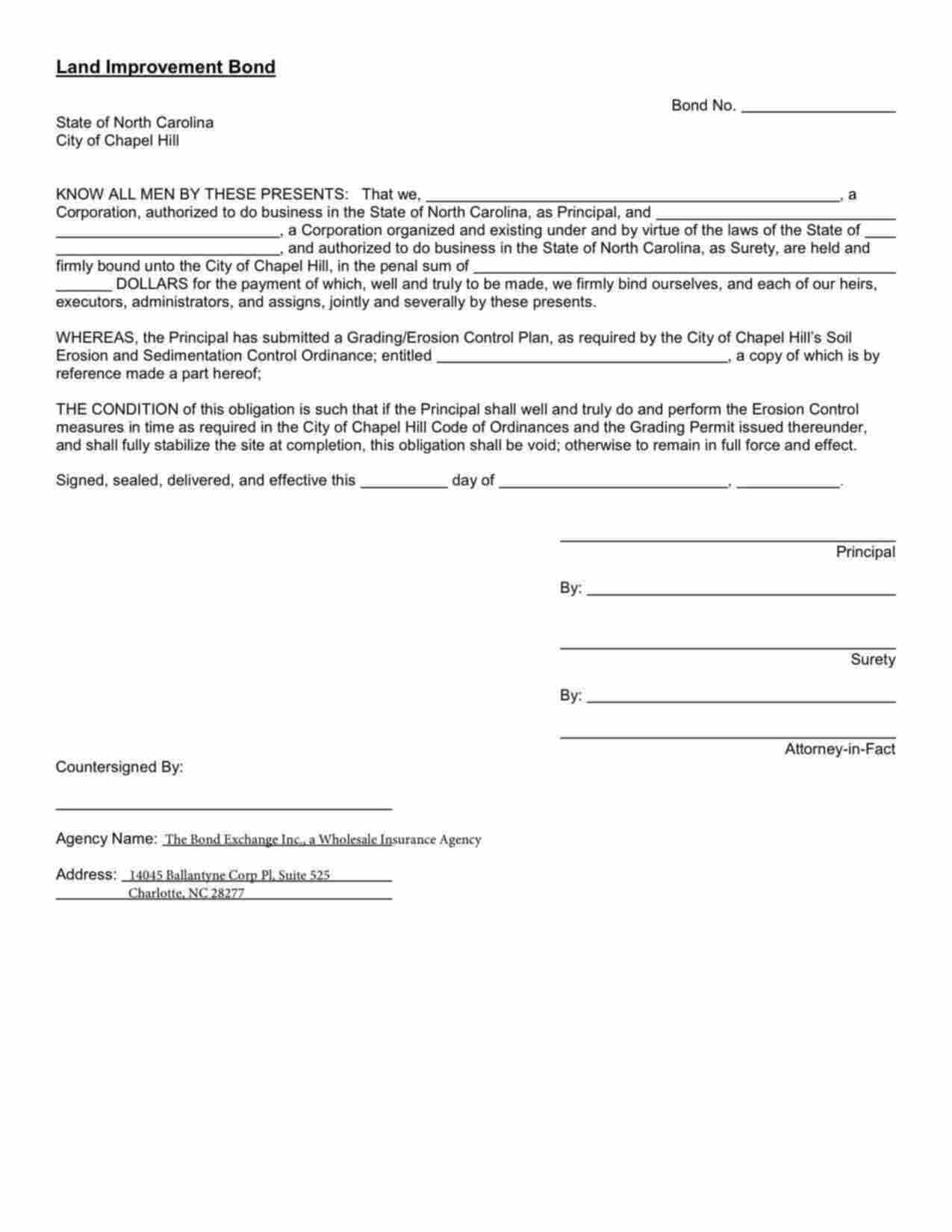 North Carolina Land Improvement Bond Form