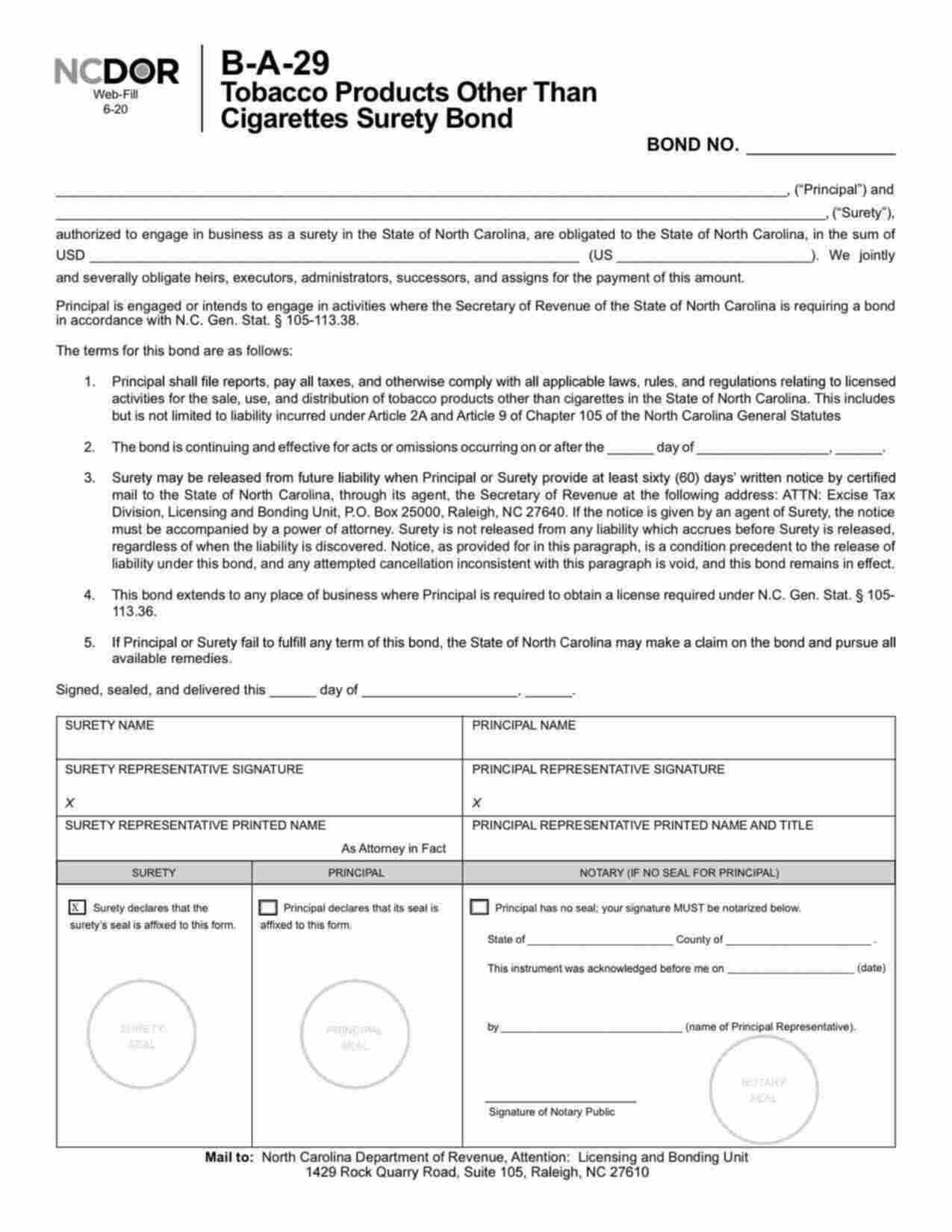 North Carolina Tobacco Products Other Than Cigarettes Tax Bond Form