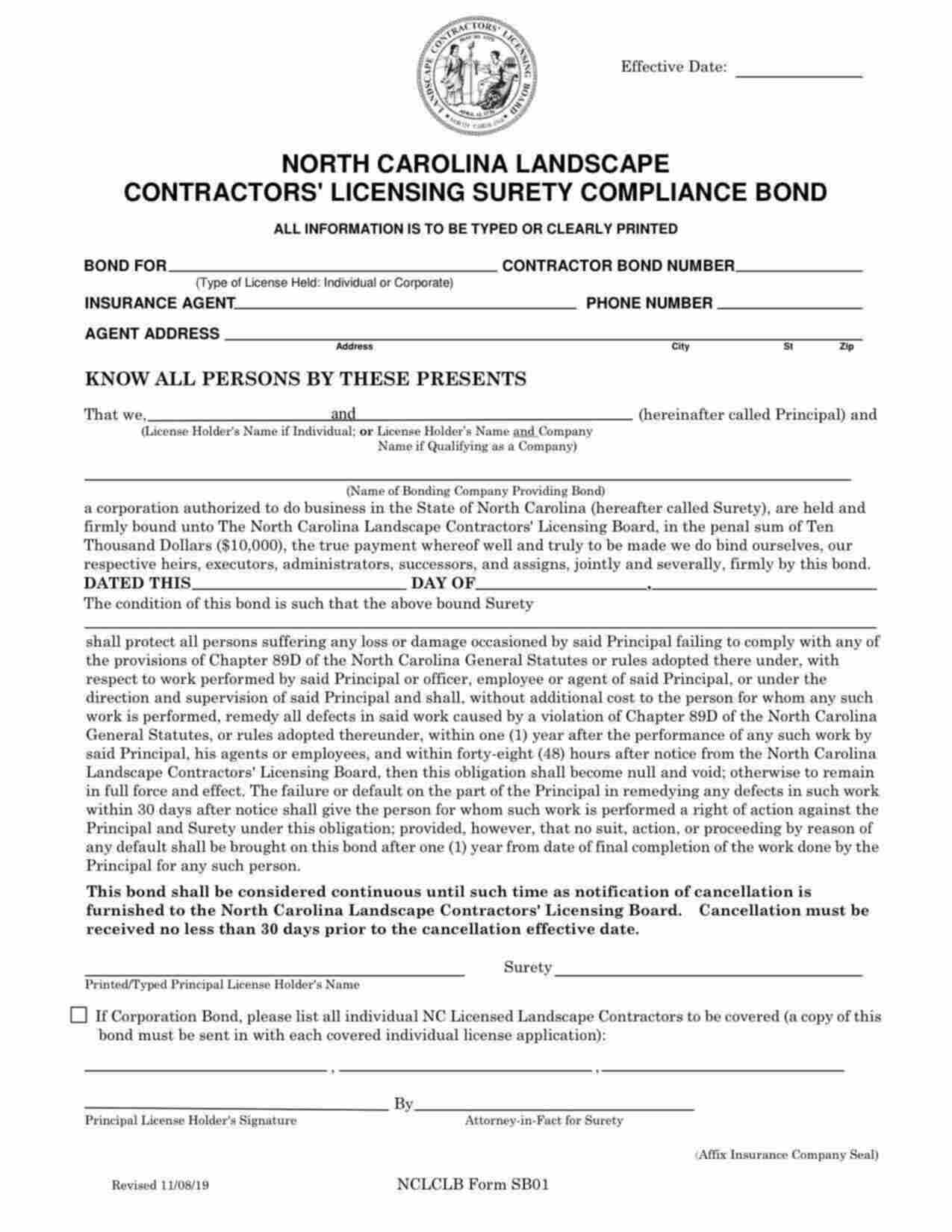 North Carolina Landscape Contractor's License - Corporation Bond Form
