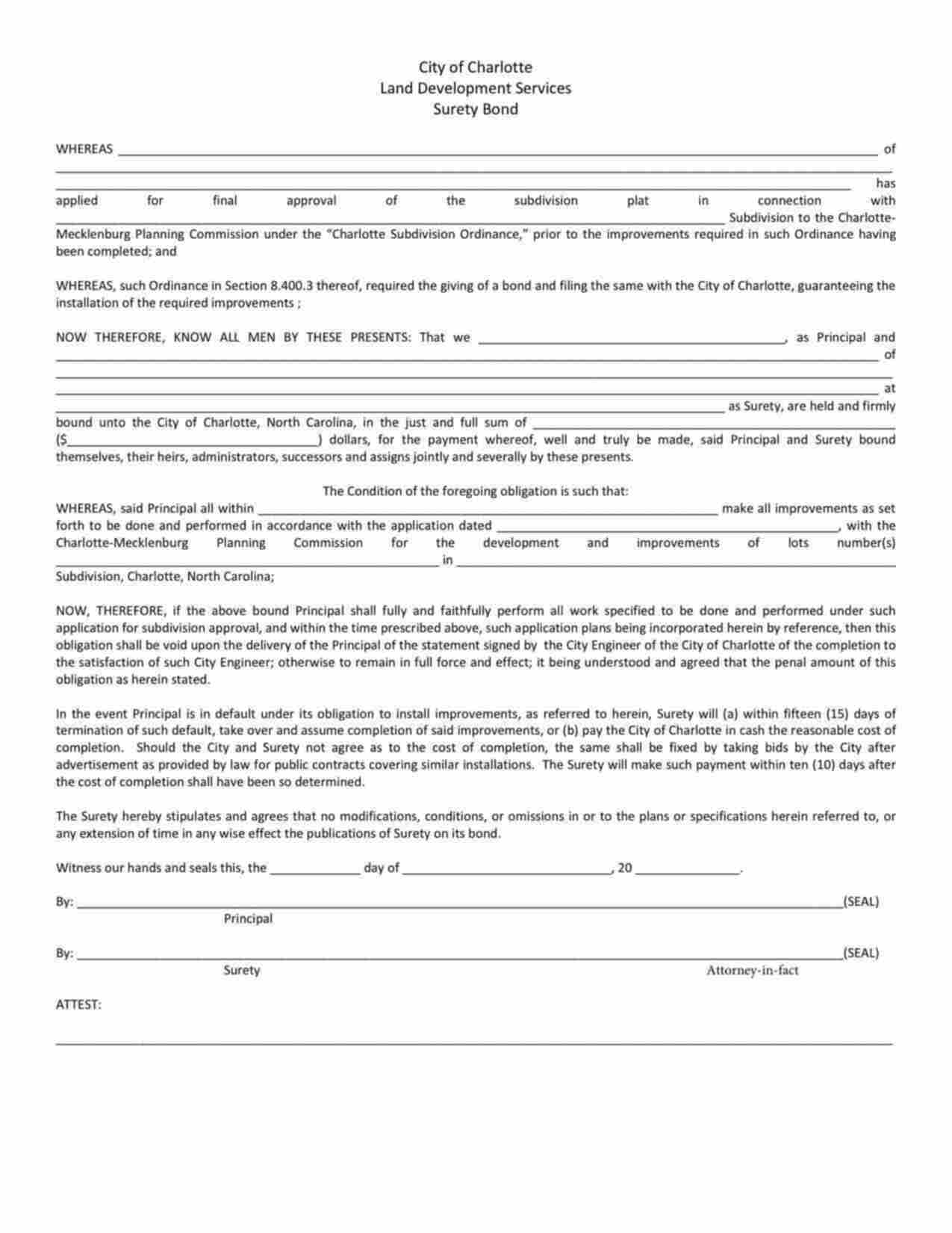 North Carolina Land Development Services Bond Form