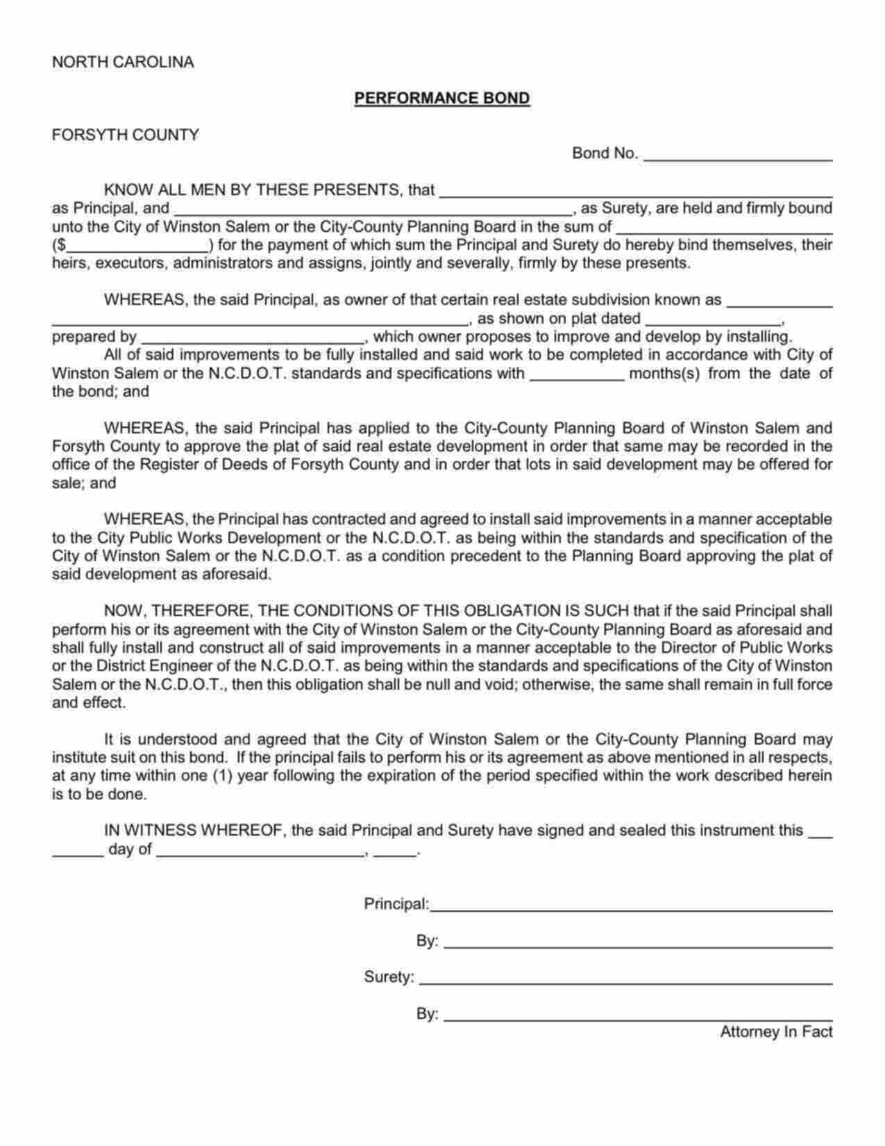 North Carolina Site Improvement Performance Bond Form