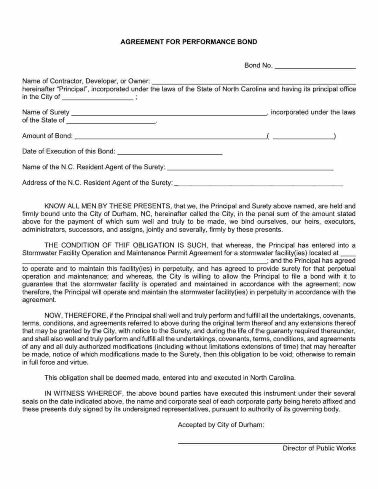 North Carolina Stormwater Facility Operation and Maintenance Permit Bond Form