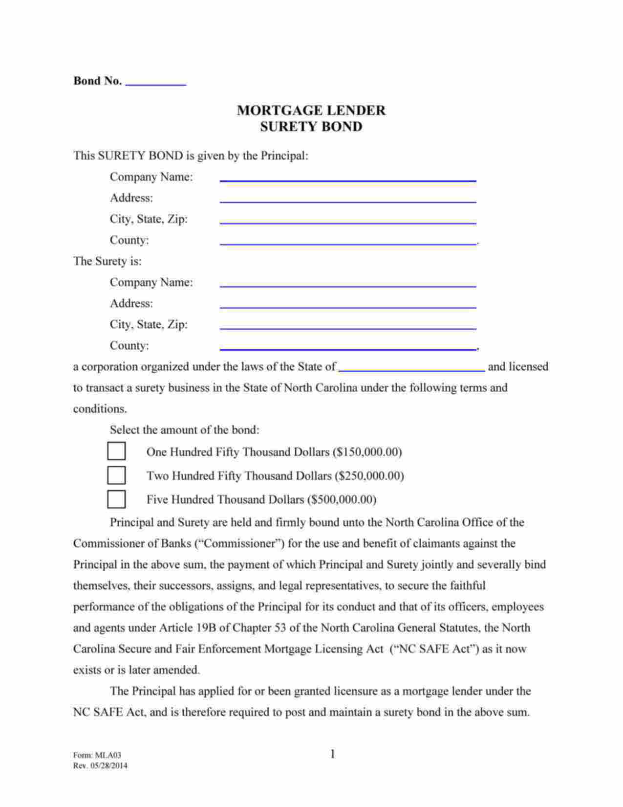 North Carolina Mortgage Lender Bond Form