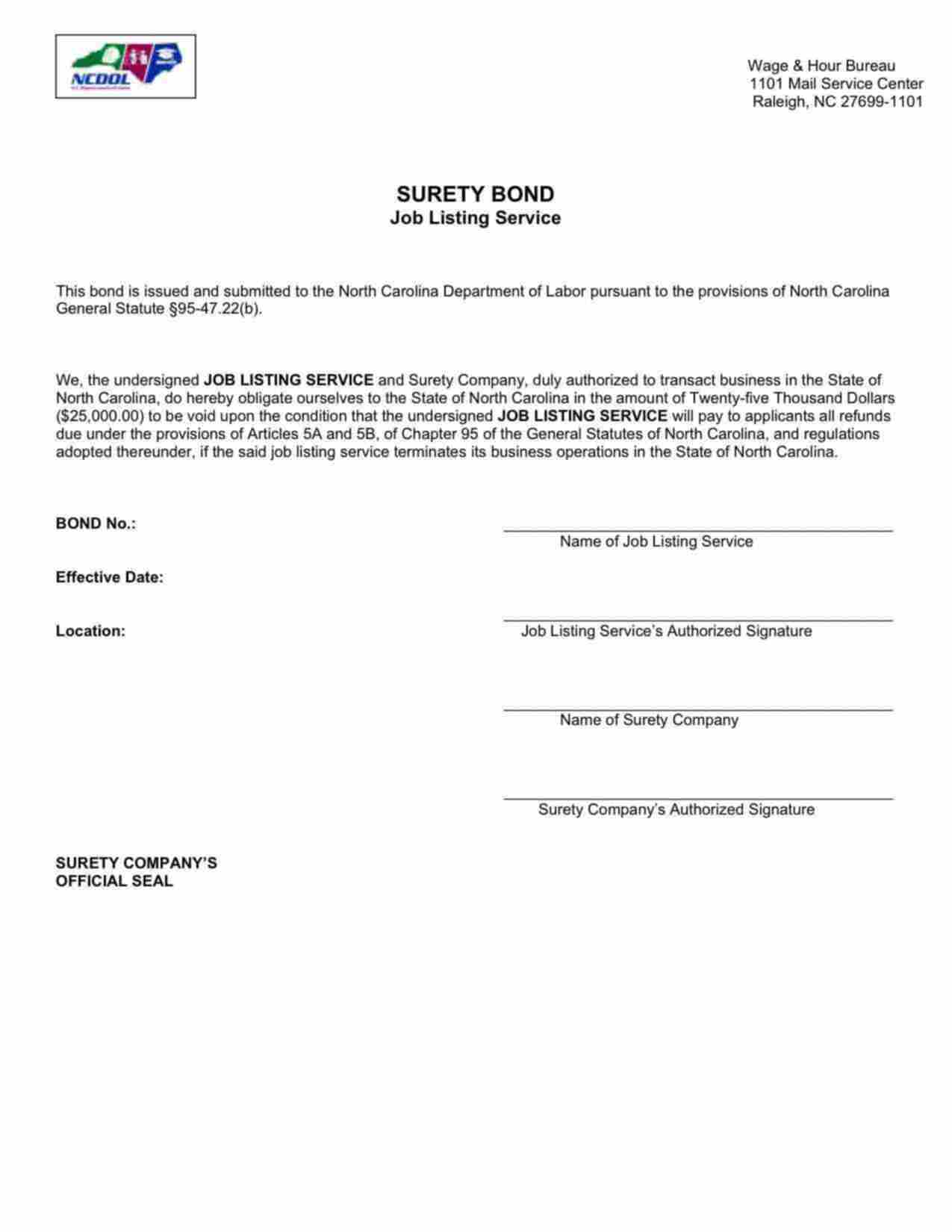 North Carolina Job Listing Service Bond Form