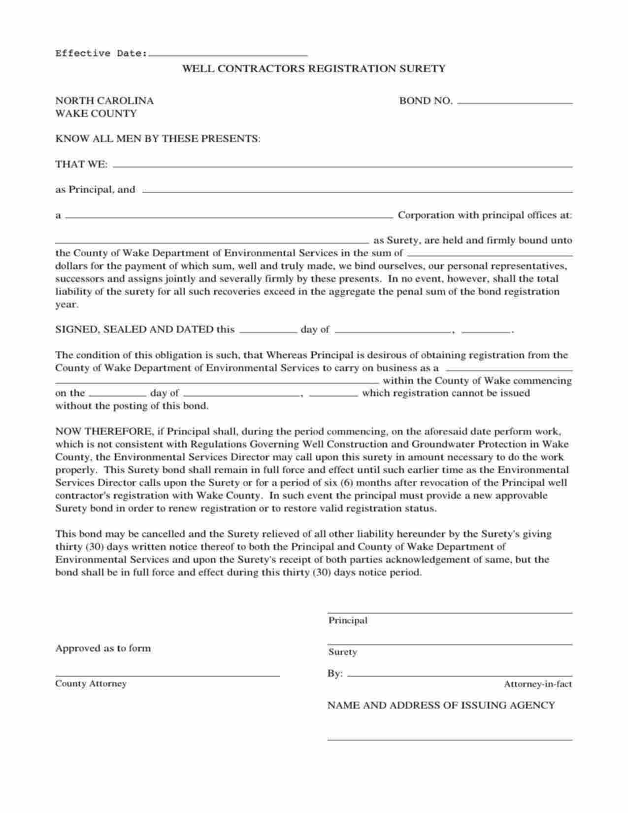 North Carolina Well Driller Bond Form