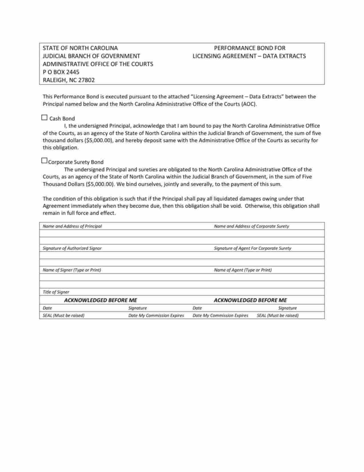 North Carolina Criminal Background Data Extracts: Licensing Agreement Bond Form