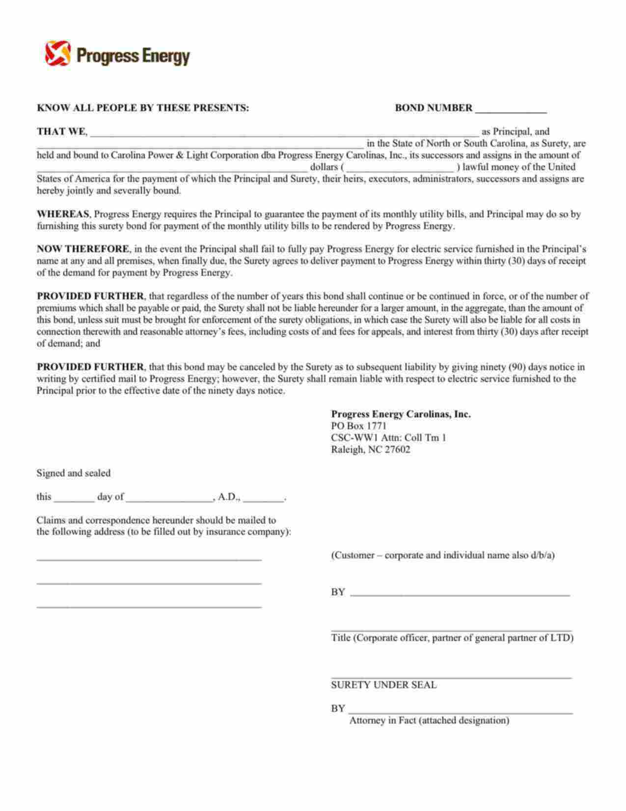 North Carolina Utility Deposit Bond Form