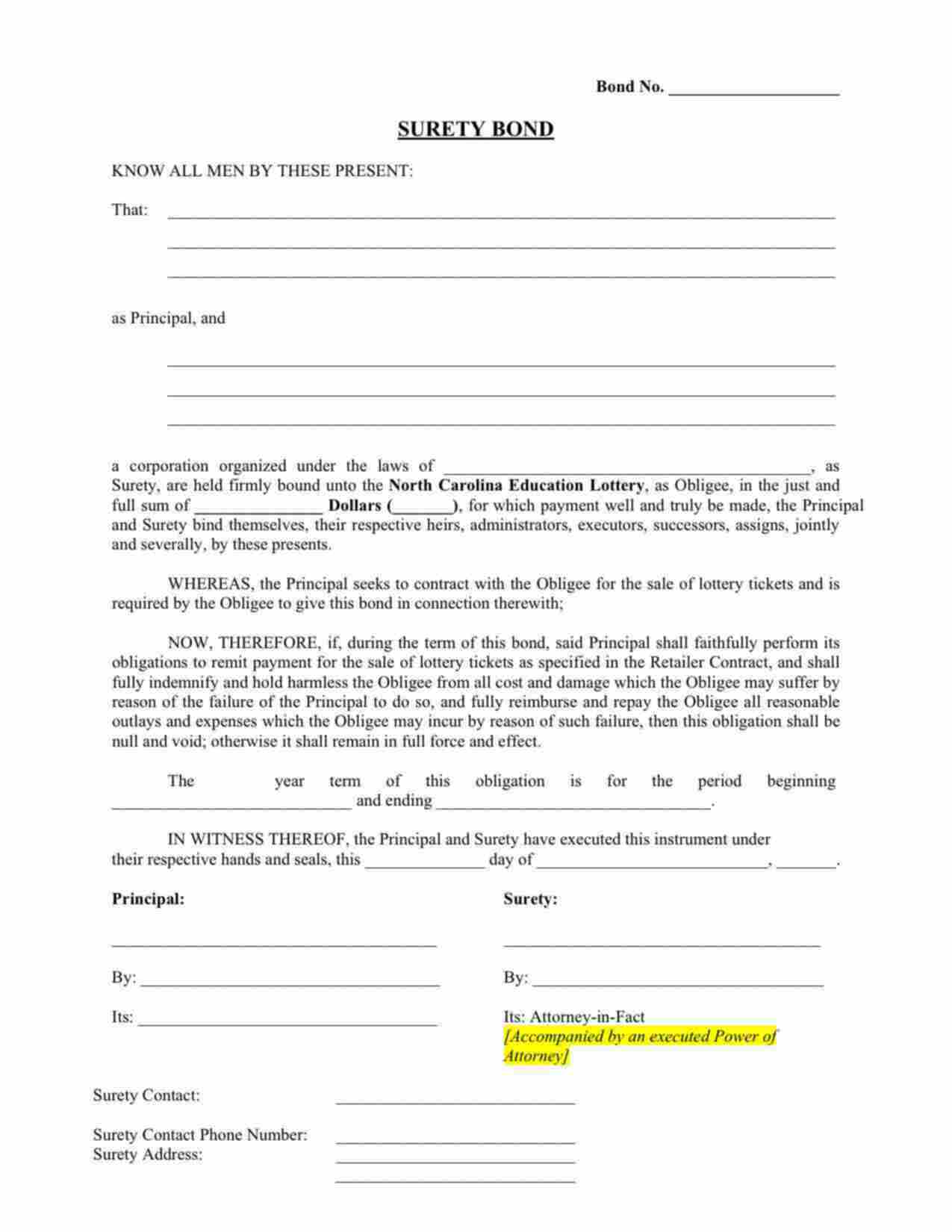 North Carolina Lottery Bond Form