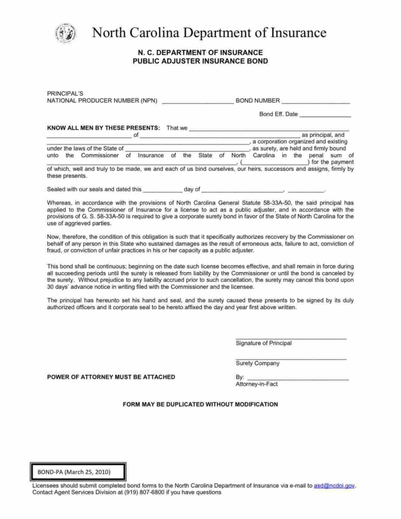 North Carolina Public Adjuster Bond Form