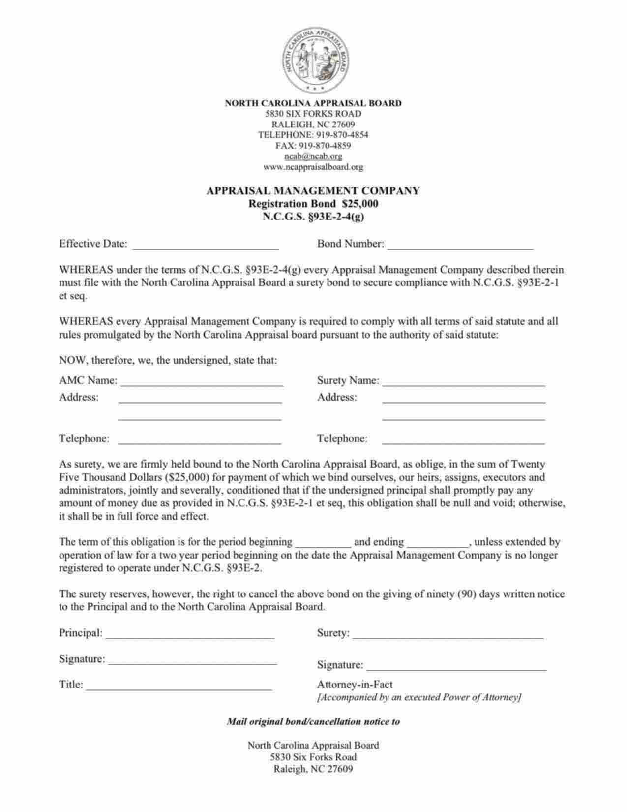 North Carolina Appraisal Management Company Bond Form