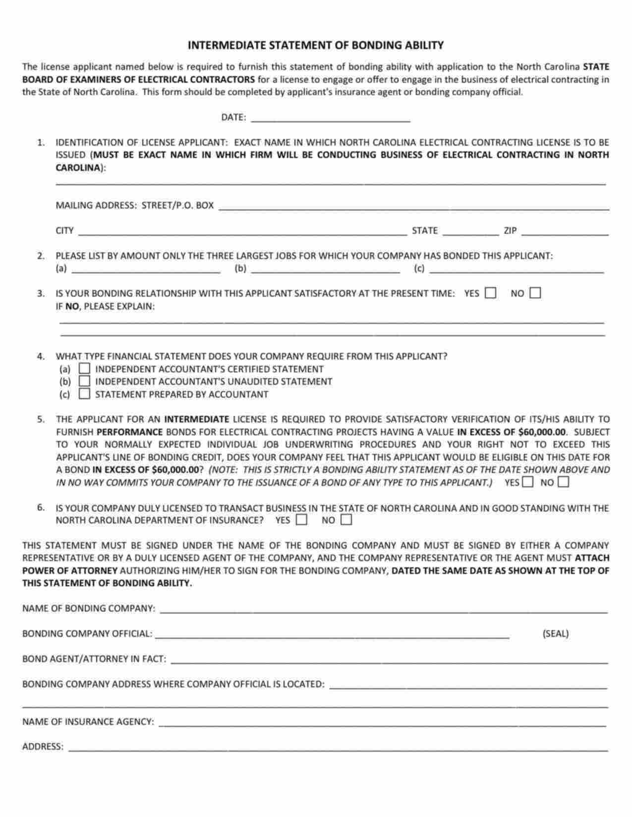 North Carolina Statement of Bonding Ability: Intermediate Bond Form