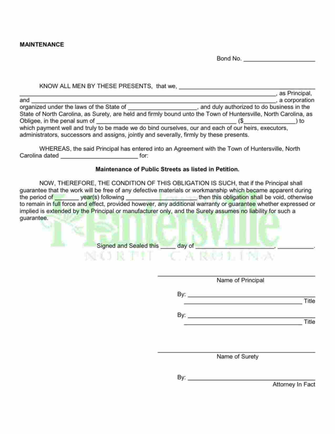 North Carolina Maintenance of Public Street Bond Form