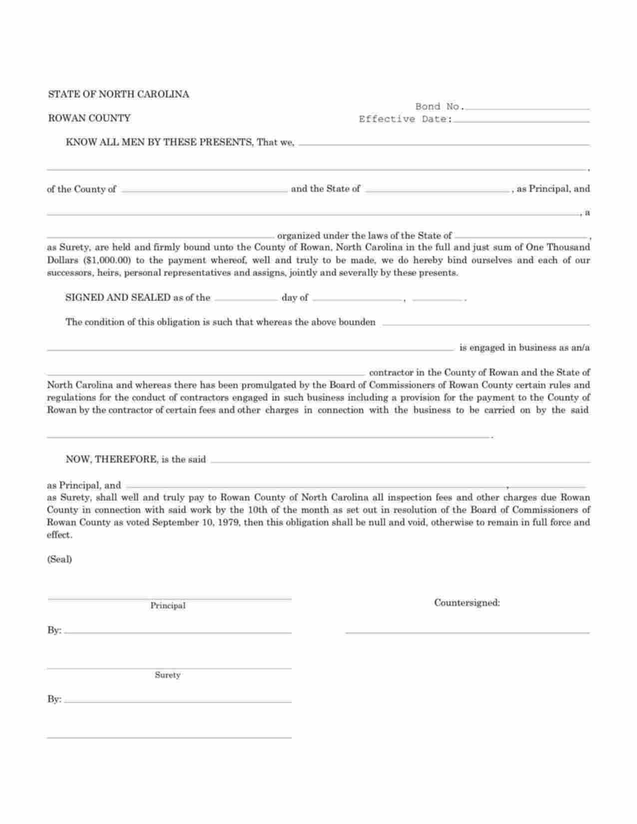 North Carolina License/Permit Bond Form