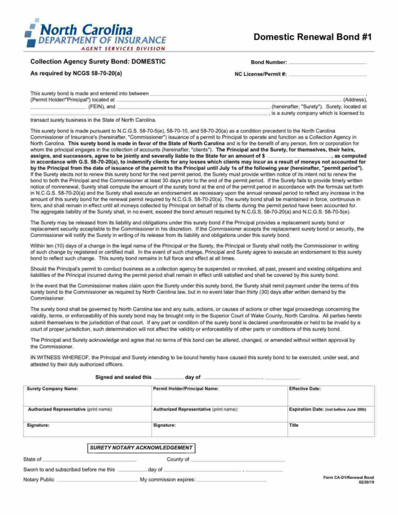 North Carolina Collection Agency - Domestic (Renewal) Bond Form