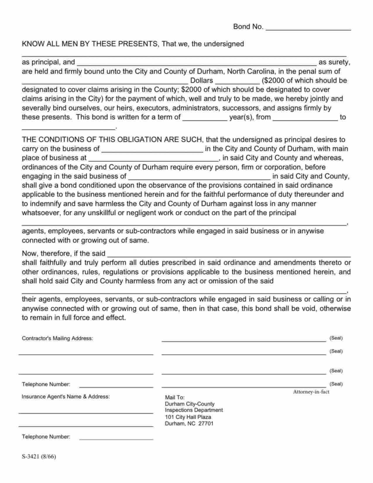 North Carolina License/Permit Bond Form