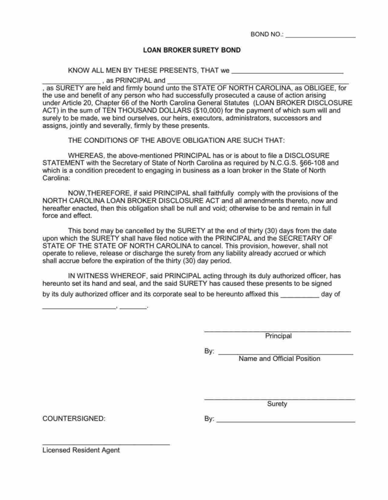 North Carolina Loan Broker Bond Form