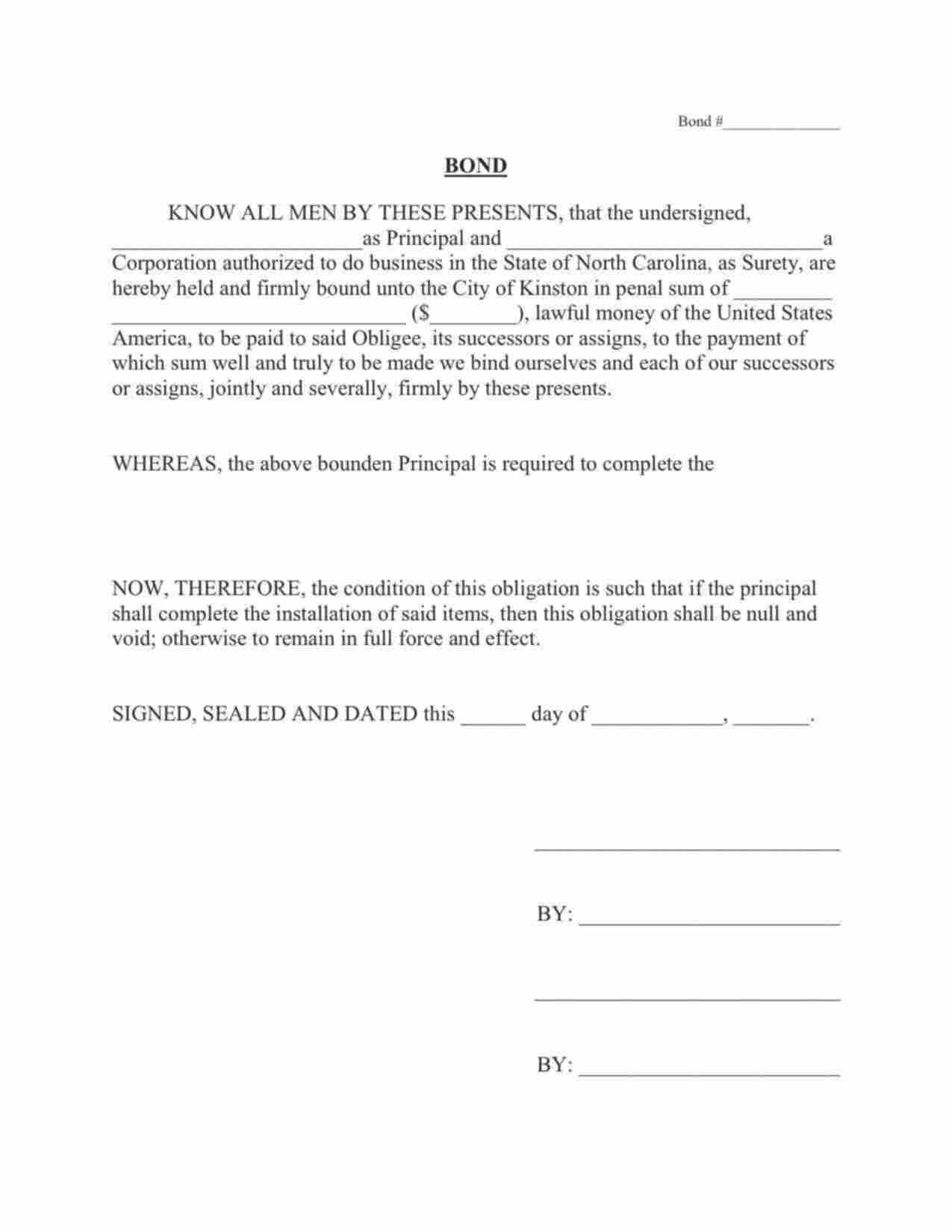 North Carolina Completion Bond Form