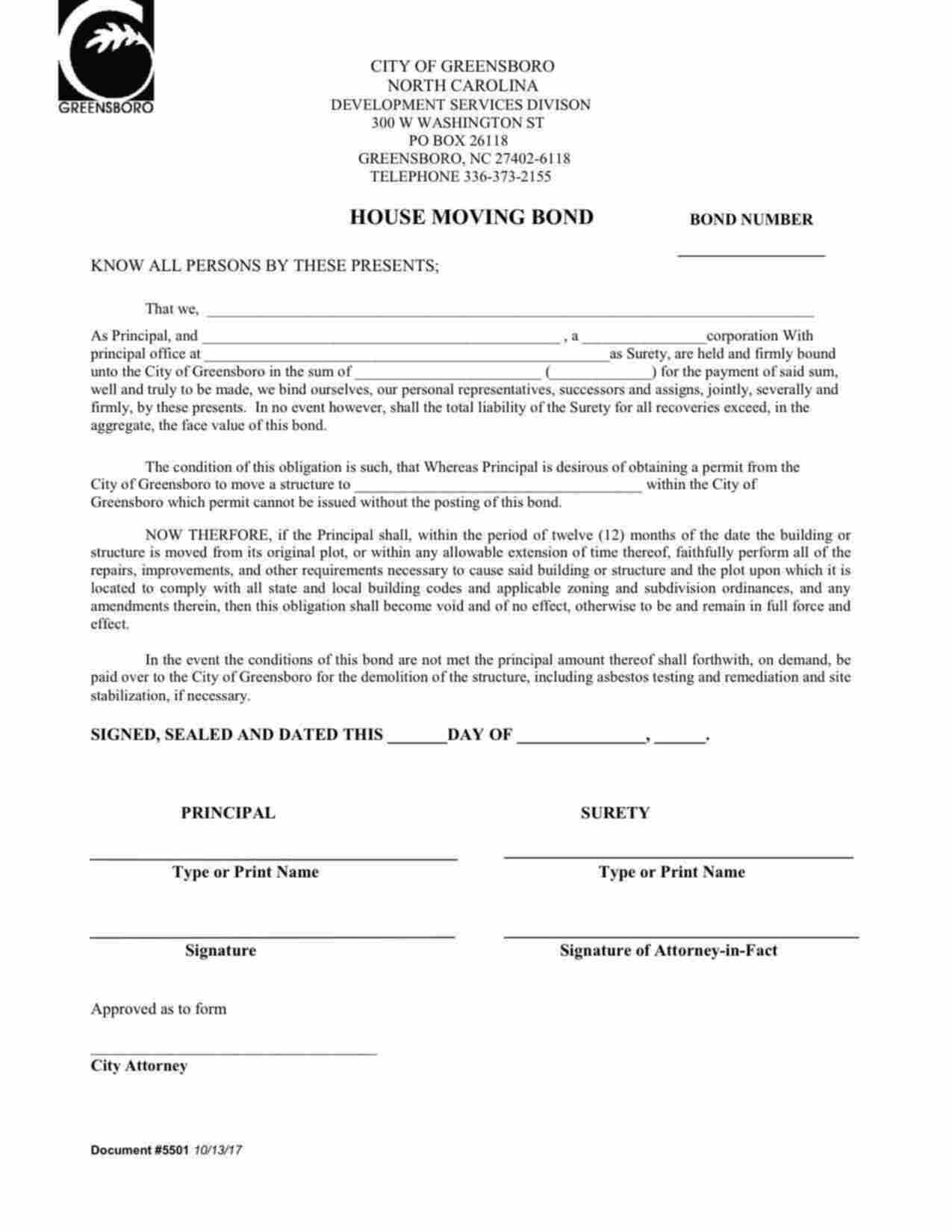 North Carolina Housemover Bond Form