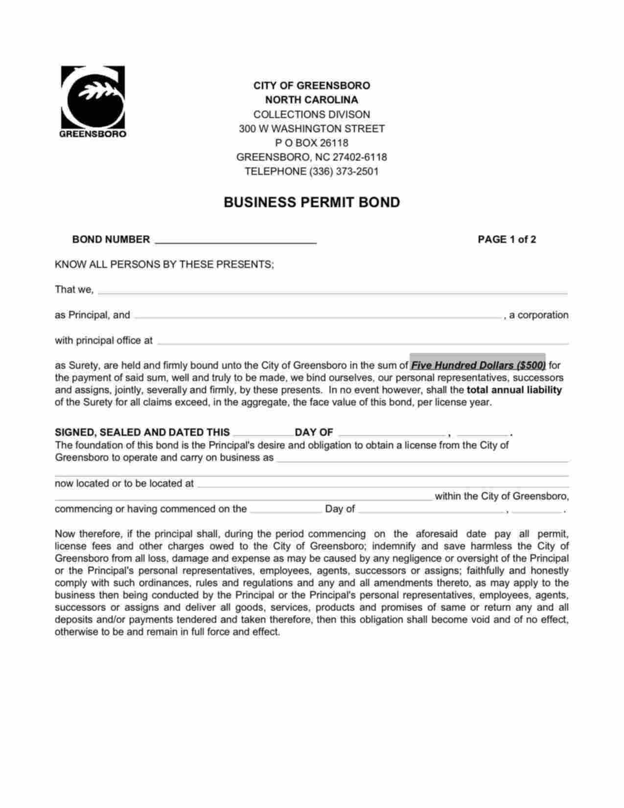 North Carolina Business Permit Bond Form