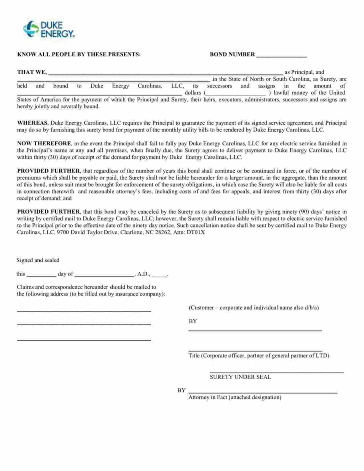 South Carolina Utility Deposit Bond Form