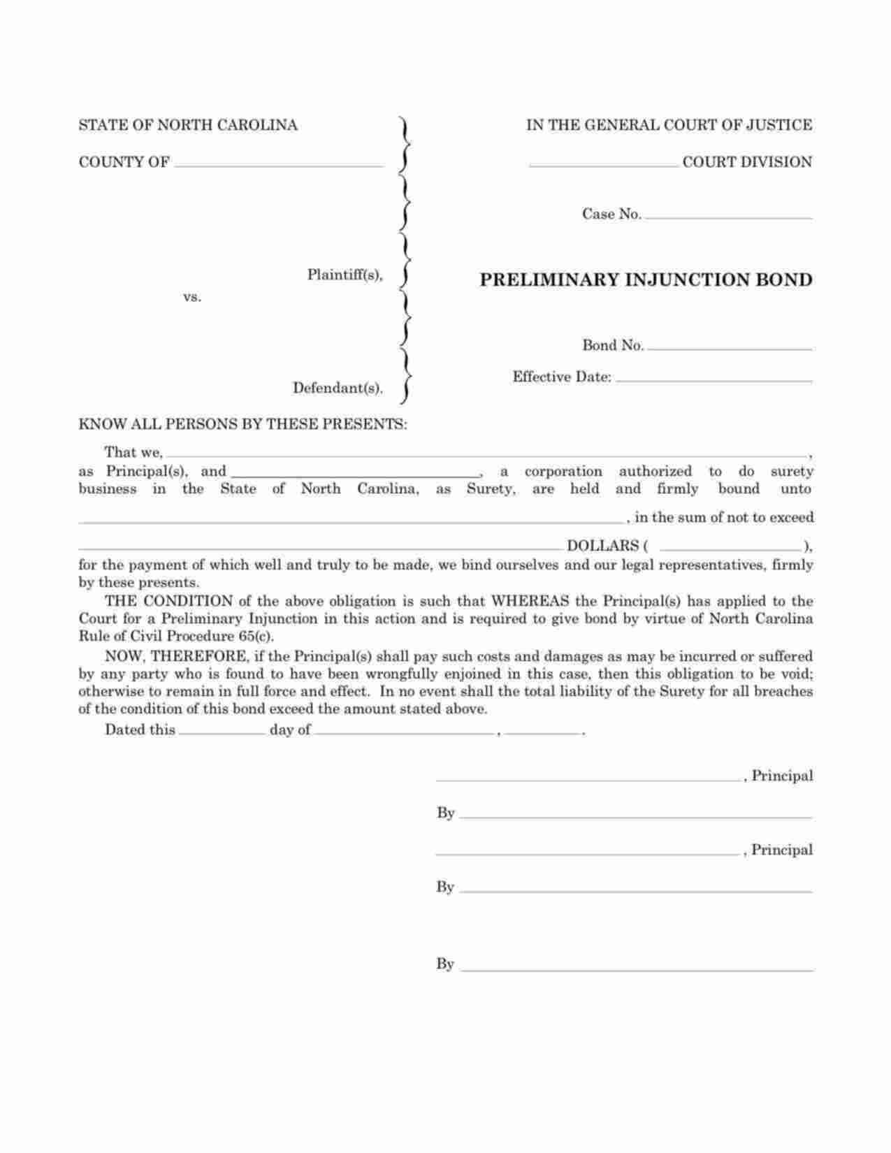 North Carolina Preliminary Injunction Bond Form
