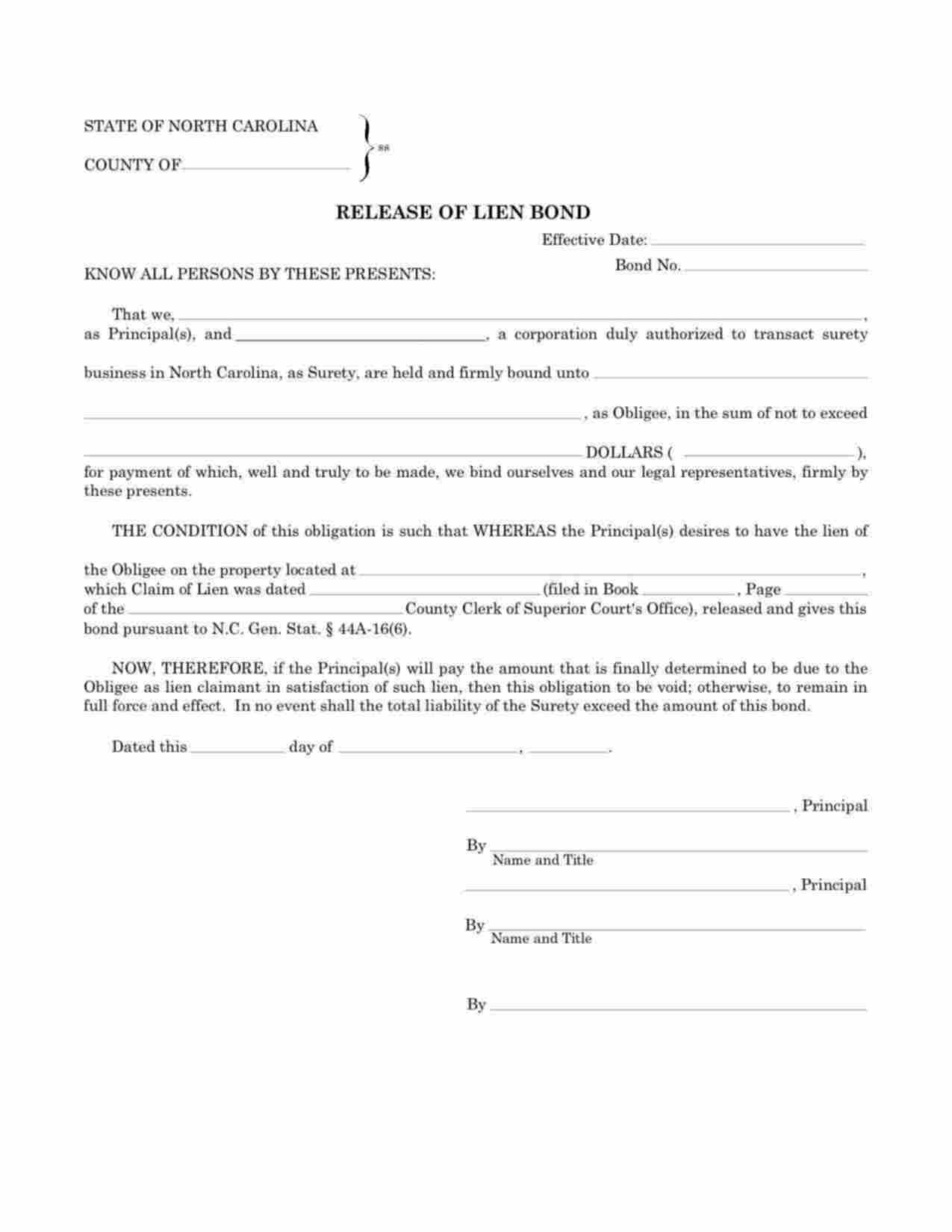 North Carolina Release of Lien Bond Form