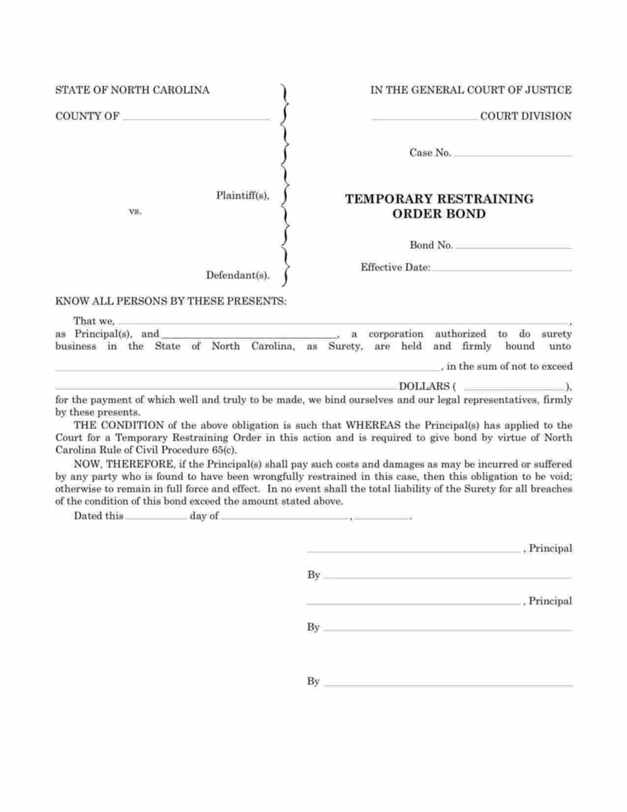 North Carolina Temporary Restraining Order Bond Form