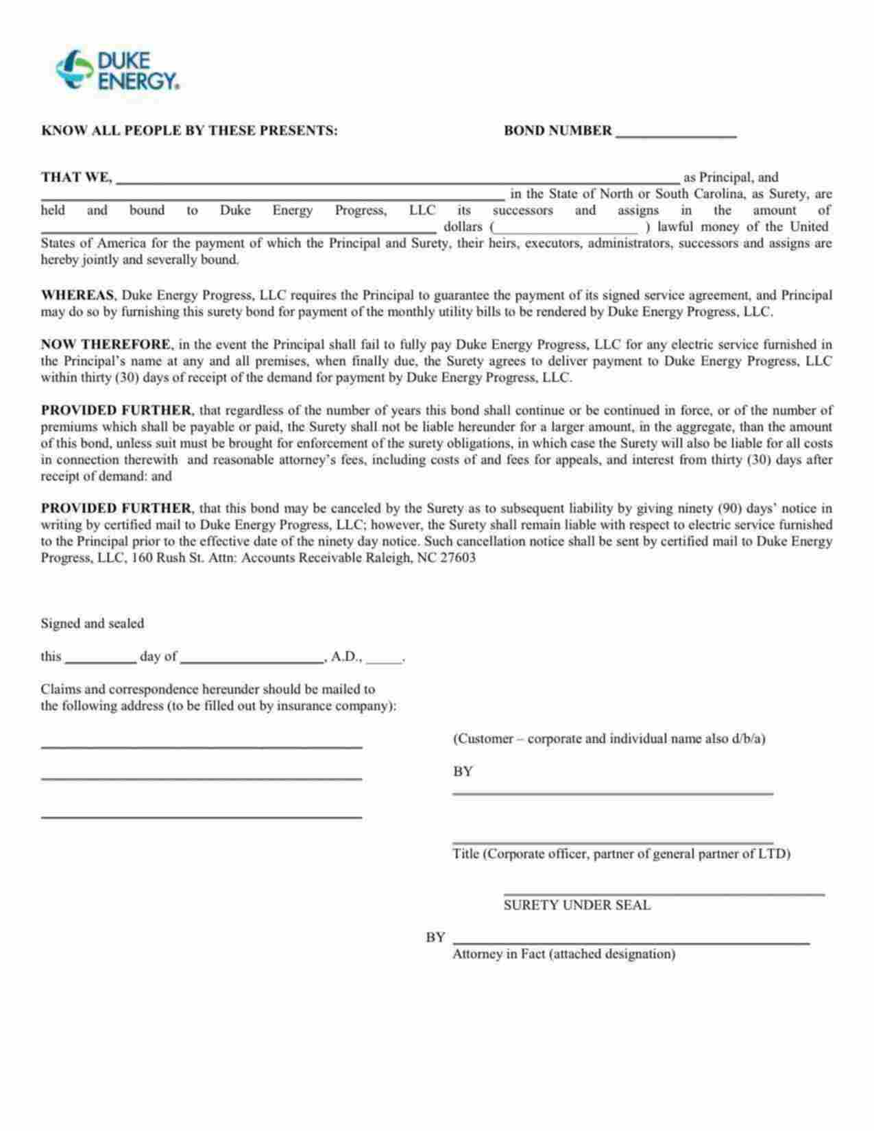 South Carolina Utility Deposit Bond Form