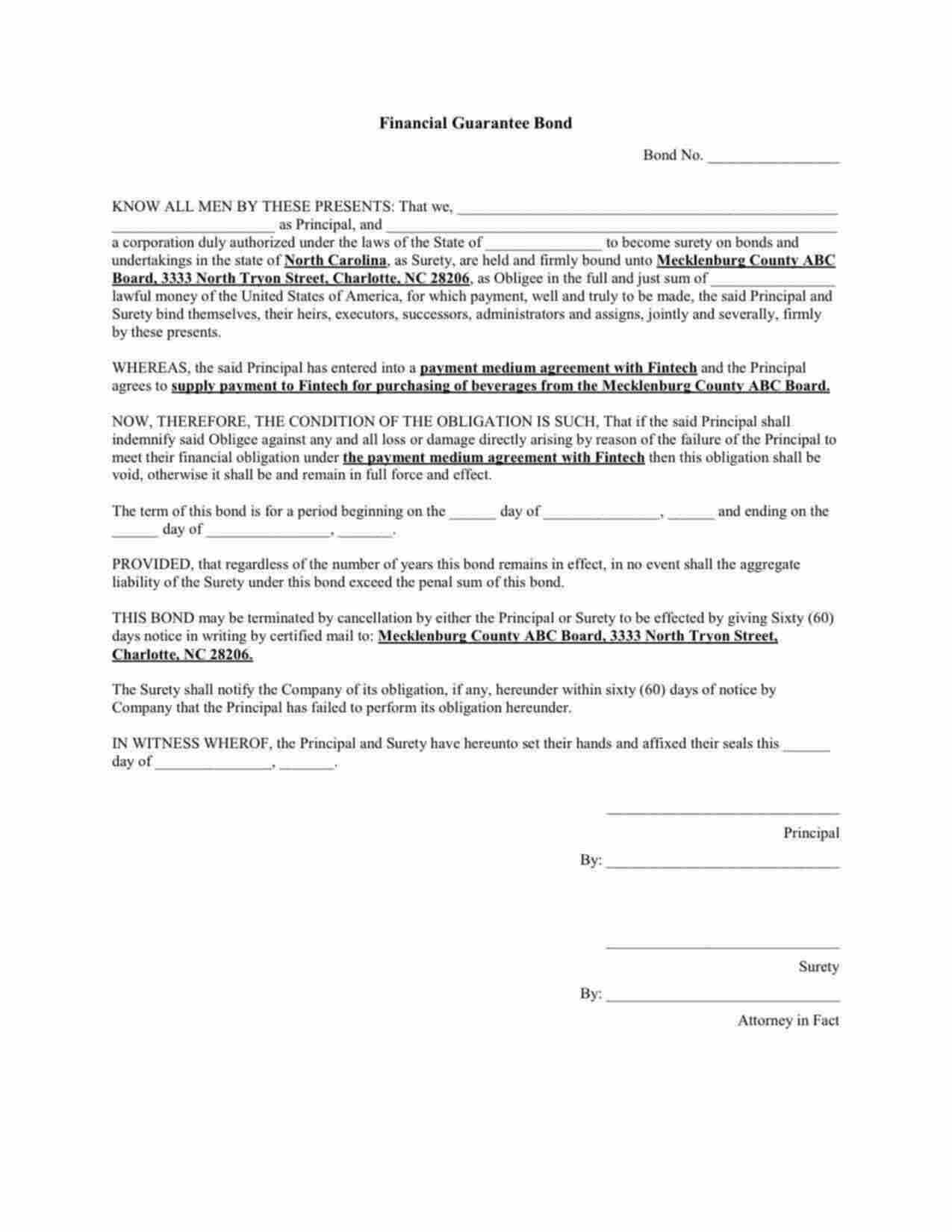 North Carolina ABC Board Fintech Agreement Guarantee Bond Form