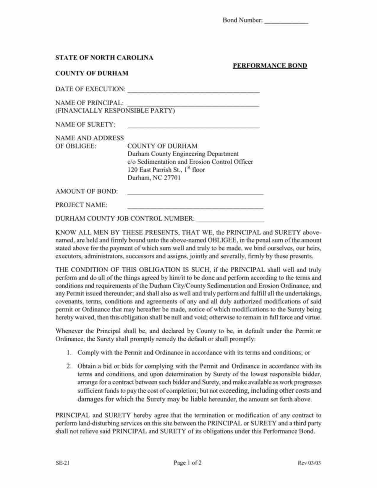 North Carolina Sedimentation and Erosion Control Performance Bond Form