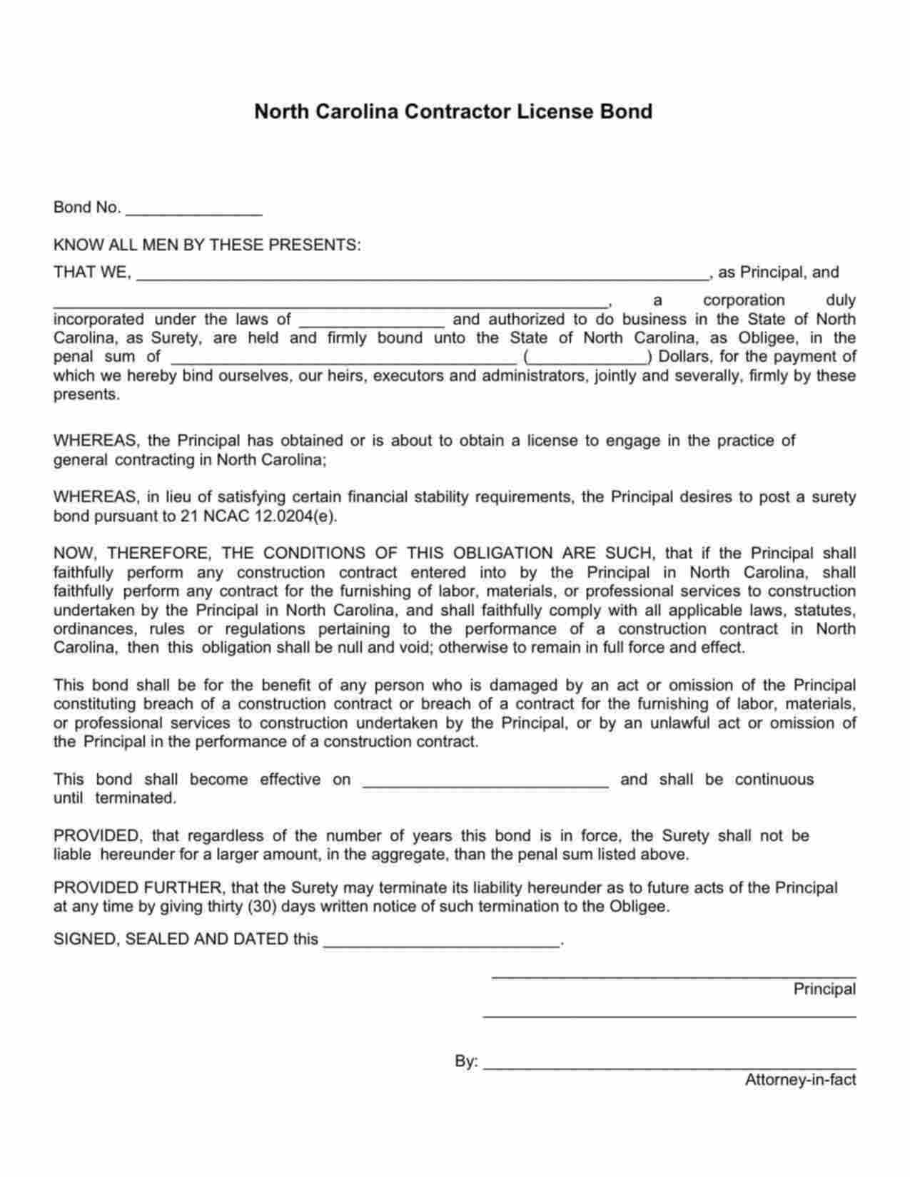 North Carolina Intermediate General Contractor License Bond Form