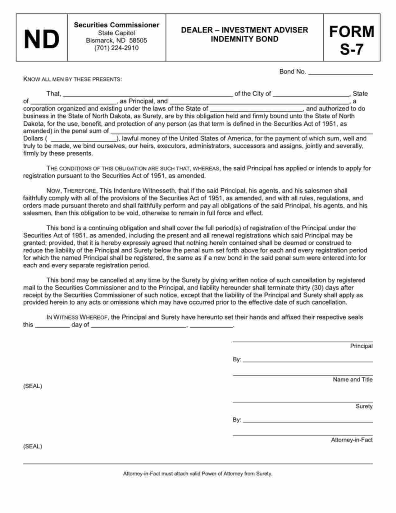 North Dakota Dealer - Investment Adviser Bond Form