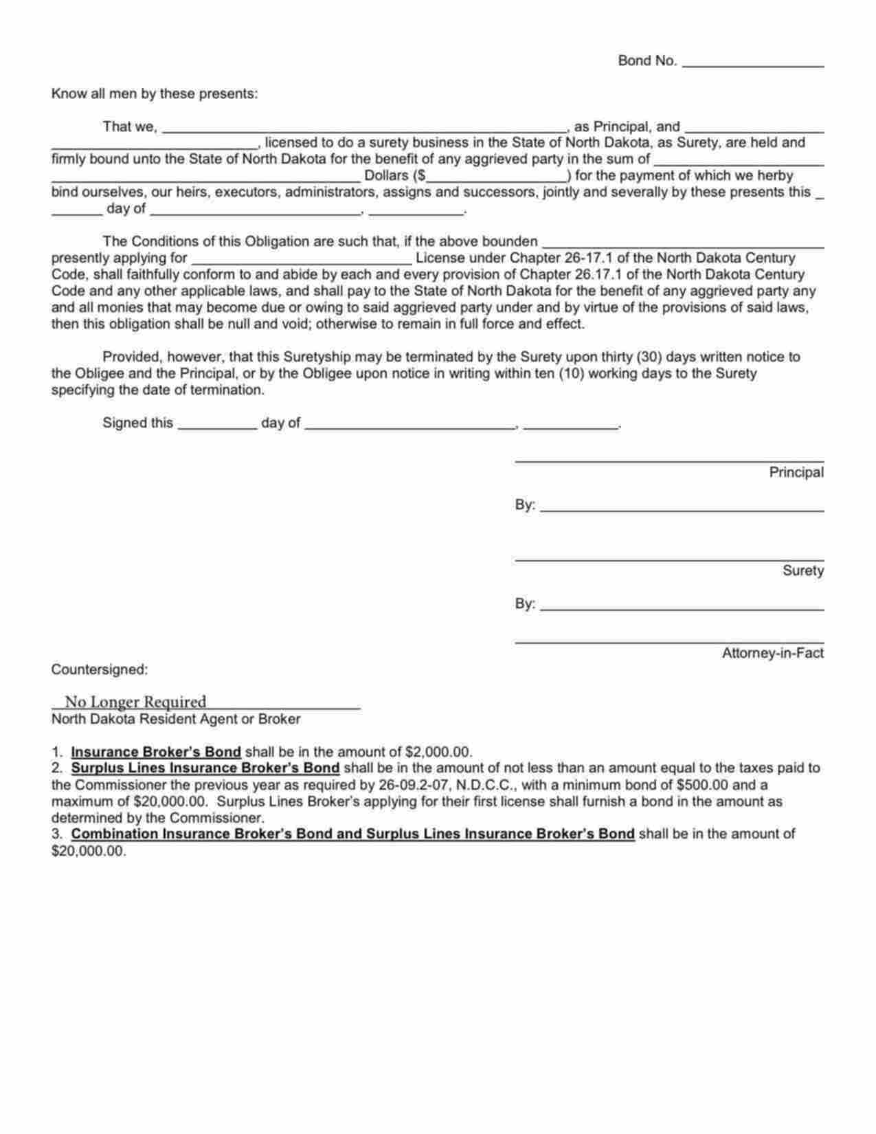 North Dakota Insurance Broker and Surplus Lines Broker Bond Form