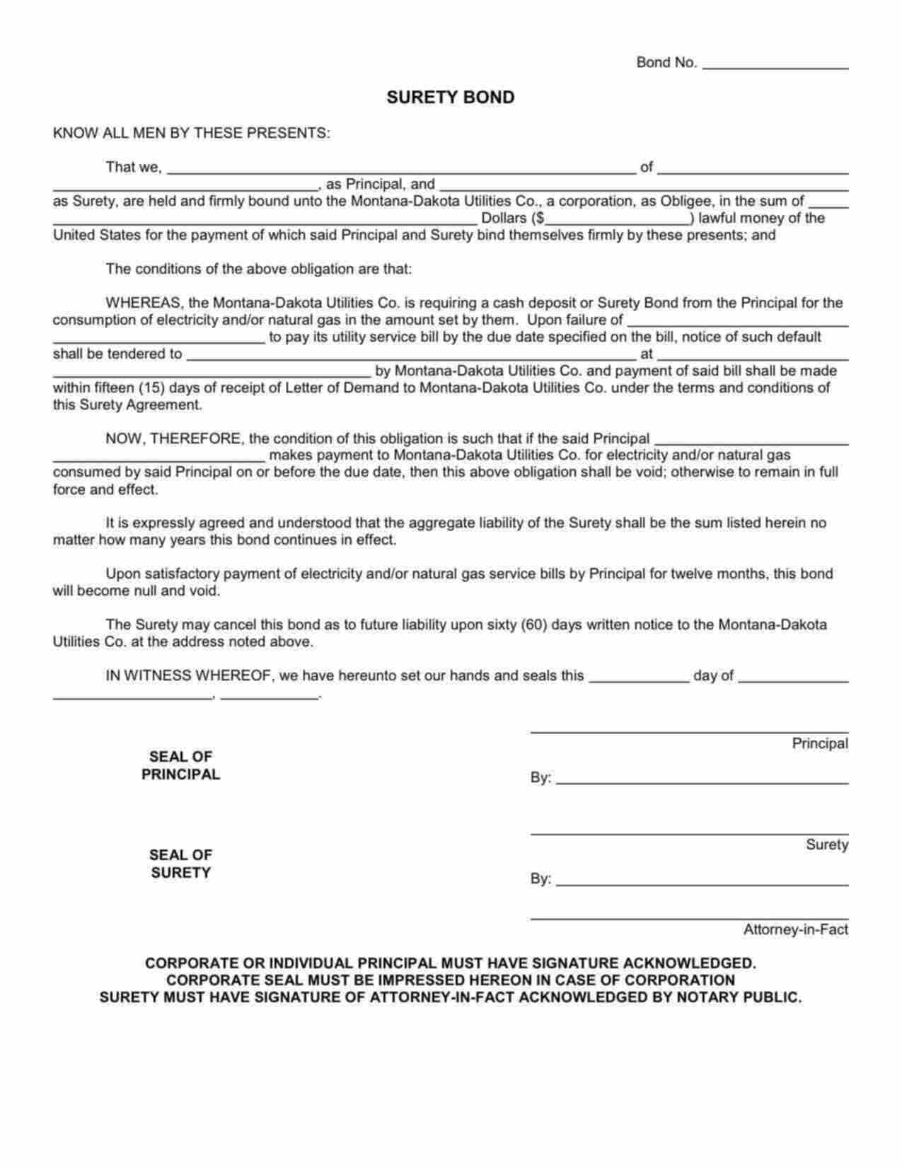 Montana Utility Deposit Bond Form